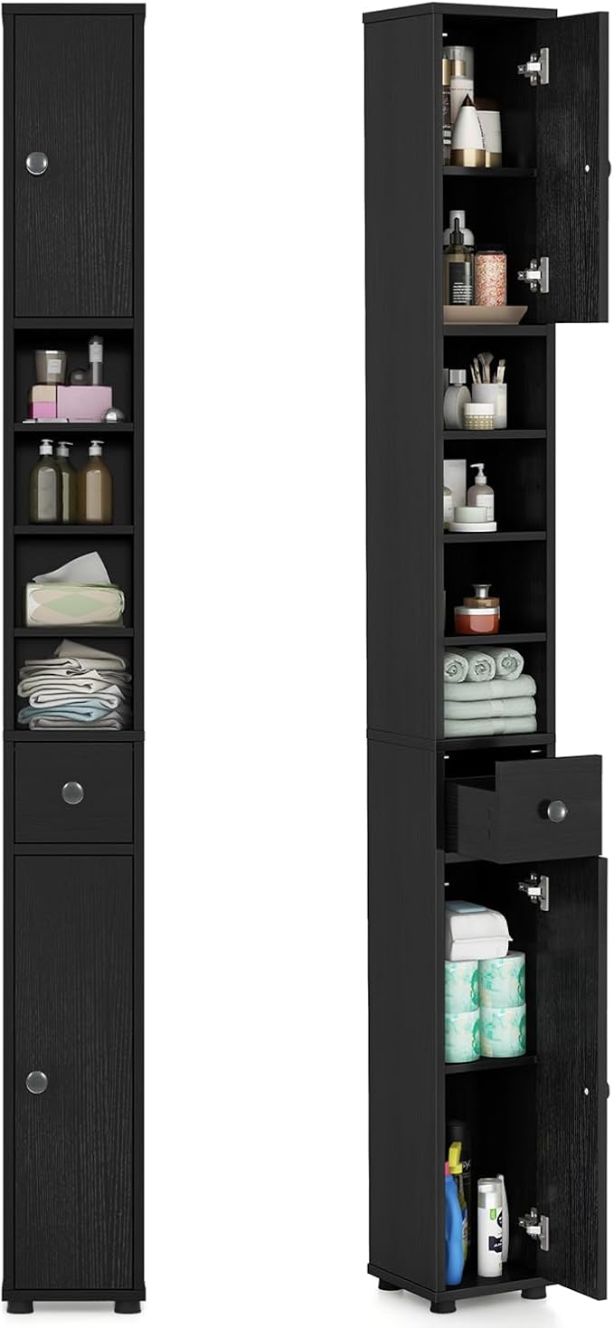 SIMOE Tall Bathroom Storage Cabinet, 8" Slim Narrow Floor Cabinet with 5 Adjustable Shelves & Drawer, 32.5lbs Heavy-Duty 71" Freestanding Skinny Linen Tower for Small Spaces, Moisture-Proof, Black
