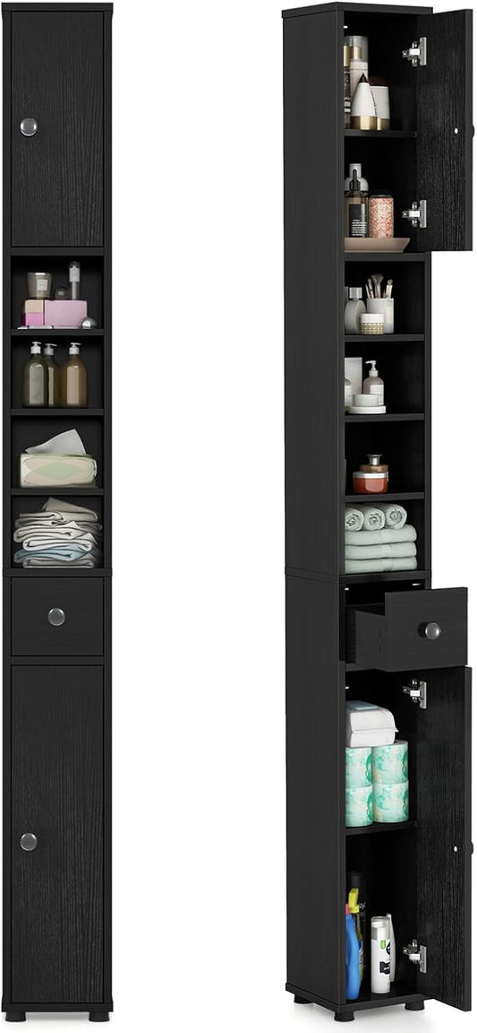 SIMOE Tall Bathroom Storage Cabinet, 8" Slim Narrow Floor Cabinet with 5 Adjustable Shelves & Drawer, 32.5lbs Heavy-Duty 71" Freestanding Skinny Linen Tower for Small Spaces, Moisture-Proof, Black