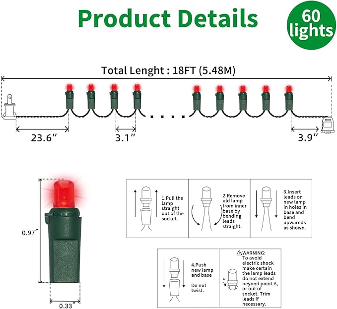 LAMPHOME 60LED Red Valentine Lights, Valentine Room Lights Green Wire, Connectable Plug in red Christmas String Light Indoor Outdoor for Christmas Bedroom Valentines Day Party