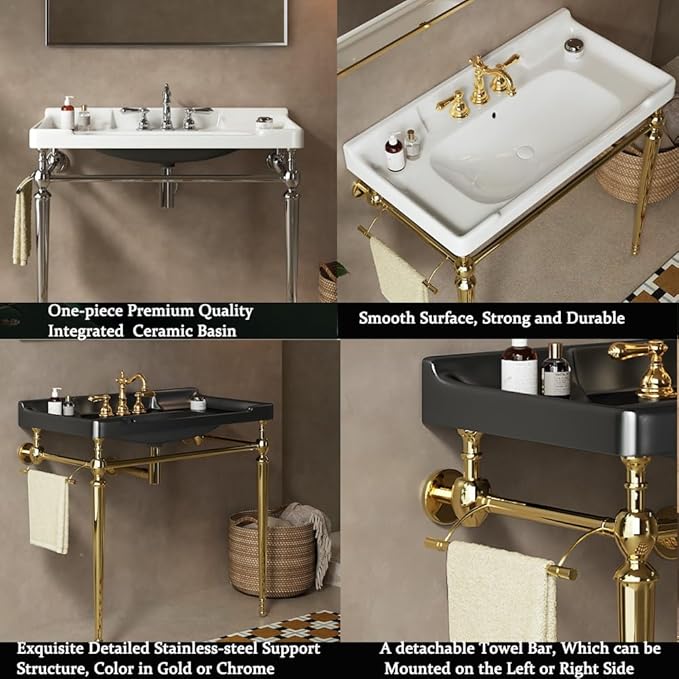 36" Bathroom Console Sink, Wall-Mounted White Ceramic Vanity Basin with 3 Pre-drilled Faucet Holes, Freestanding Gold Stainless Steel Support Legs with Towel Bar, No Faucet - Rome, White