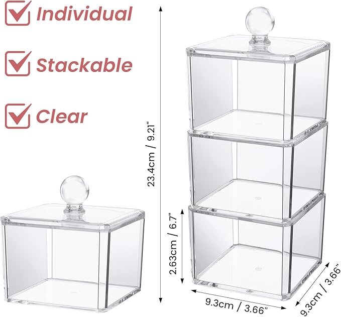 Hair Accessories Organizer for Girls, Clear 3 Stackable Acrylic Hair Tie Organizer for Headband, Bows, Cotton Swab Organization, Bathroom Containers Hair Clip Holder Storage with Lids