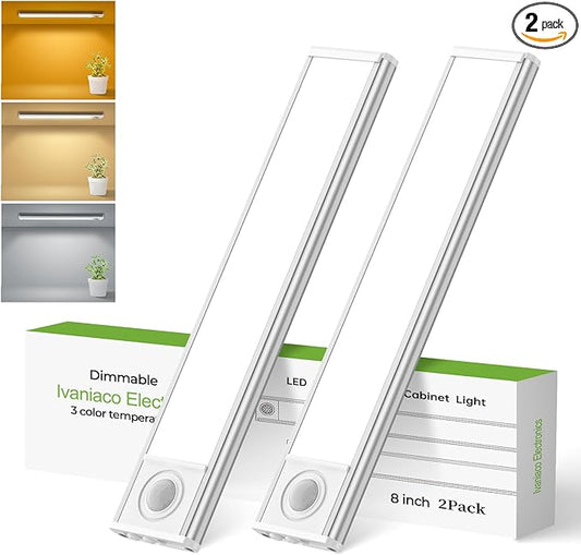 8inch Under Cabinet Lights,60 LED,USB-C 1800mAh Rechargeable Battery,3 Color Temperature,Dimmable,Motion Sensor Cordless Under Counter Light for Wardrobe,Bedroom,Kitchen,Stairs(2pack 3CCT)