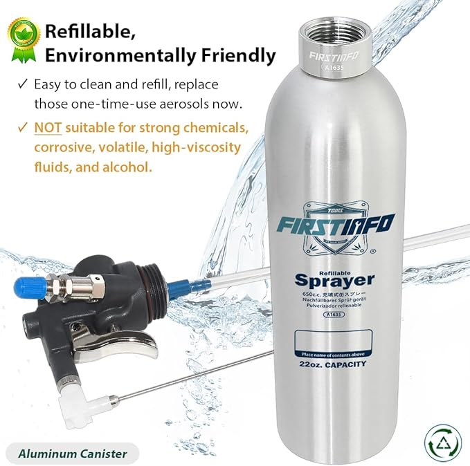 FIRSTINFO A1635 Patented Max. Pressure 110 psi 650ml Aluminum Canister Aerosol Refillable Fluid Storage Spray Can/Pneumatic Compressed Air Sprayer