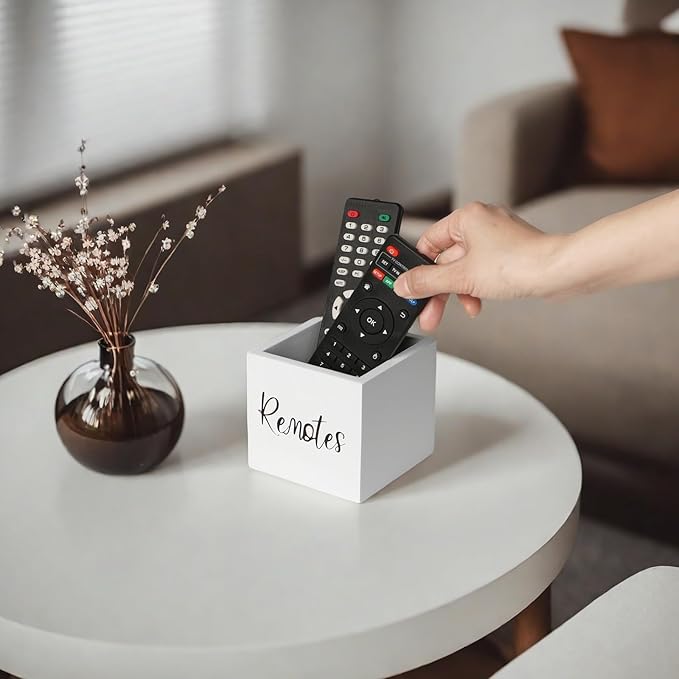 Wood Remote Control Holder, TV Remote Control Organizer for Home Bedroom Table, Multi-Purpose Desktop Storage (White, S,for 2 or 3 Remote Controls)