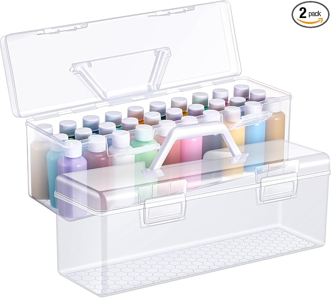 2 Pcs Acrylic Paint Storage Box for 2 Fl. oz Acrylic Paints, Portable Craft Art Organizer with Handle, 30 Bottles Capacity Plastic Art Supply Clear Boxes (White)