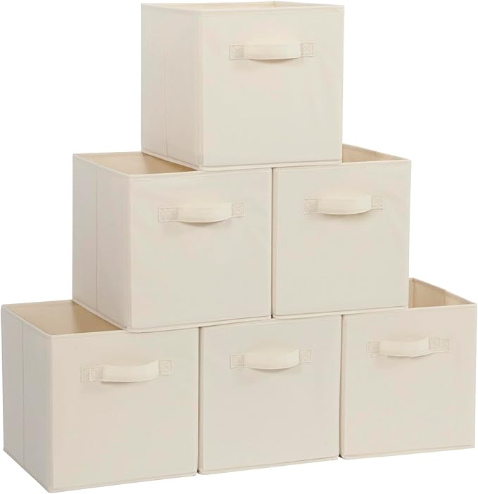 Storage Cubes, 11 Inch Cube Storage Bins, Set of 10, Fabric Foldable Storage Bins With Handles, Closet Storage Organizer Bins, Cubby Clothing Storage Baskets for Shelves, Beige