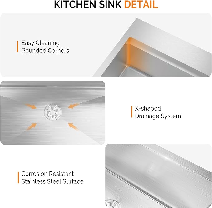 ROVSUN 33 Inch Stainless Steel Drop In, Kitchen Utility Sink, Workstation Deep Single Bowl, Integrated Ledge Multifunctional Workstation Sink Set,Silver