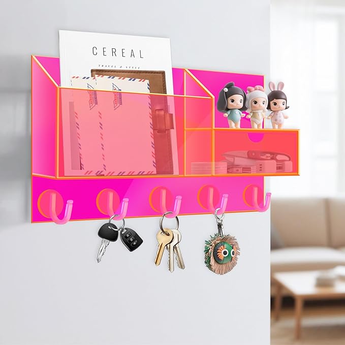 Acrylic Key Holder Wall Mount Mail Organizer for Wall with Shelf Storage Drawer and 5 Hooks, Neon Pink