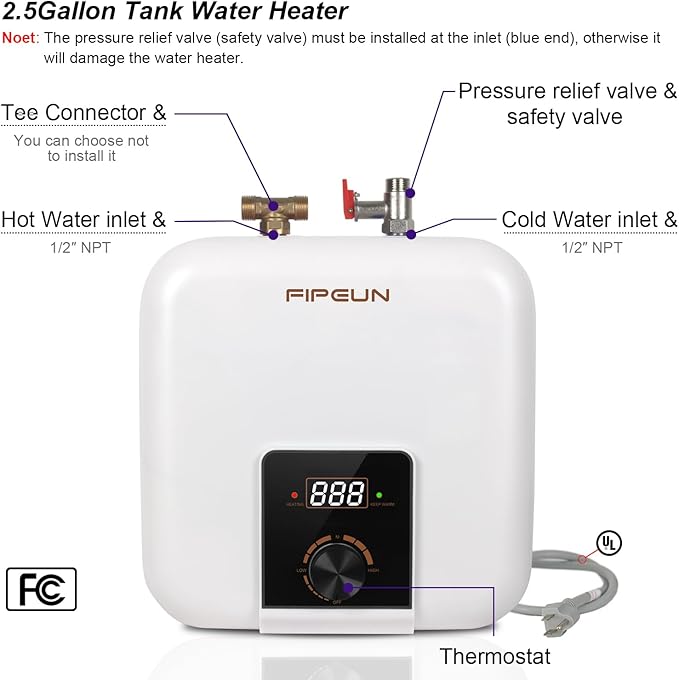 110V/115v/120V 1400-1500W Small Under Sink Tank 2.5 Gallon Water Heater Hot Storage，Mini Instant Electric RV TR Trailer Kitchen Compact Point-of-Use,2 PCs 16” Long 1/2”FIP Stainless Steel Hoses 9.5L