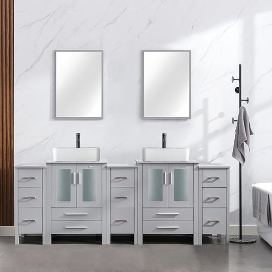 eclife 84" Modern Bathroom Vanity Sink Combo Freestanding Cabinet with Small Side Cabinet, White Black Ceramic Vessel Sink, Water Save Faucet, Drain (Gray+T03BK)