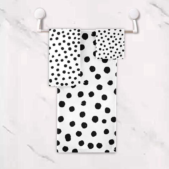3 Piece White Black Polka Dot Bath Towel Set,Microfiber Decorative Vintage Black Spots Doodle Pattern Modern Bathroom Towels,1 Bath Towel 1 Hand Towel for Bathroom Kitchen,1 Washcloth for Face