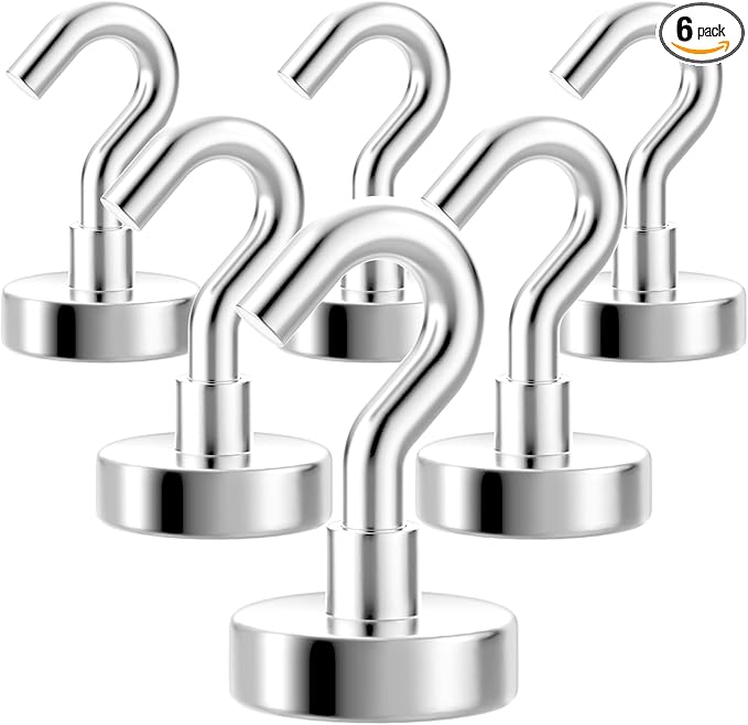 Magnetic Hooks Heavy Duty, 80 lbs Strong Hooks for Hanging, Magnet with Hook for Cruise, Grill, Fridge, Pack of 6, Silver