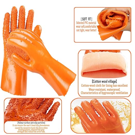3 Pairs Heavy Duty Sewer Gloves | PVC Coated Abrasion Resistant Work Gloves for Drain Cleaning & Plumbing | Oil & Chemical Resistant, Non-Slip Grip