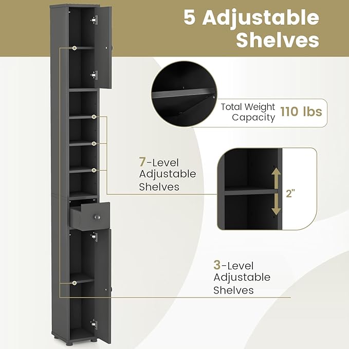 SIMOE Slim Bathroom Tall Cabinet, Freestanding Floor Storage Organizer with 2 Doors, 1 Drawer & 5 Adjustable Shelves, Narrow Linen Tower for Small Spaces, Wood Fiber Board Material, Bathroom Organizer
