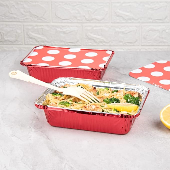 Restaurantware 16 Ounce Disposable Takeout Containers 50 Rectangle Food Containers - With Polka Dot Lids Red Takeaway Containers Aluminum Delivery Containers Freezable