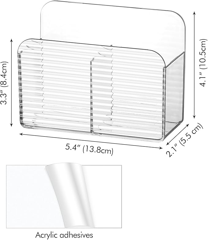 Poeland 2 Pack Wall Mounted Storage Organizer, Adhesive Remote Control Holder with 2 Compartments, Clear Storage Box for Bathroom, Bedroom, Living Room