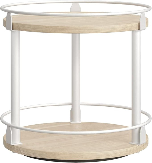 Lazy Susan Organizer, Rotating Spice Rack, 2 Tier Spice Turntable Organizer, Industrial Turntable Spice Holder, for Kitchen Countertop, Compact and Versatile, White and Light Oak SR22WG