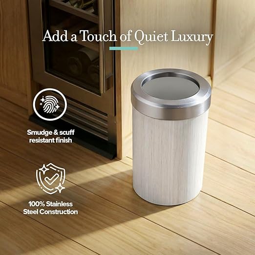 Gatco Small Bathroom Trash Can with Lid, Round 3 Gallon Wastebasket, Under Sink, White Oak with Satin Nickel, for Bathroom, Bedroom, Office (1932SN)