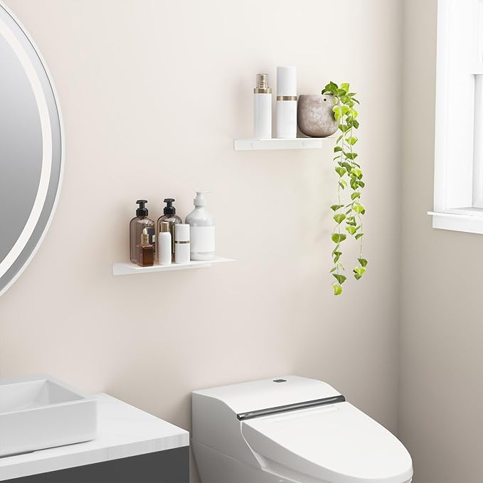 Danpoo White Floating Shelves for Wall Storage, Metal Wall Shelves for Living Room, Bathroom, Kitchen, 12” Small Display Shelves for Collectibles(2 PCS)