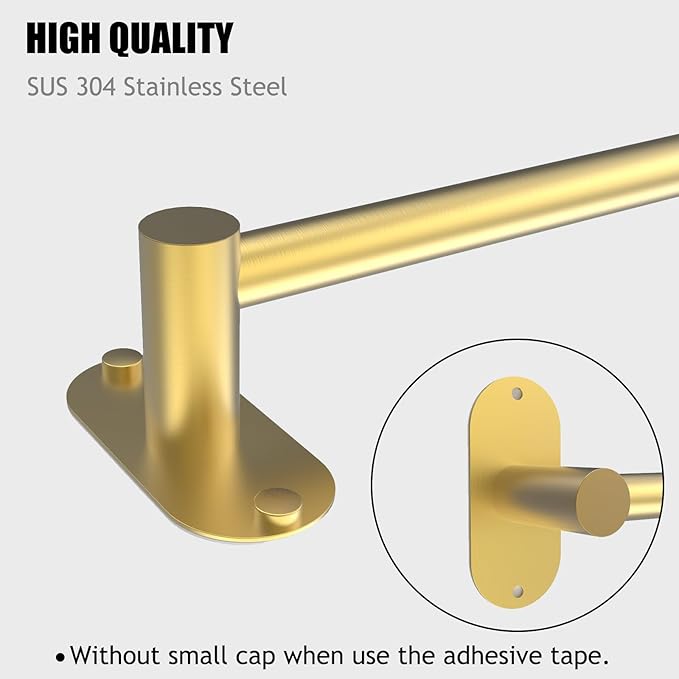 Towel Bar, Adjustable 14.4inch - 25.2inch Towel Rack, Self Adhesive & Wall Mounted for Bathroom Kitchen Hand Towel Holder Cloths Hanger SUS 304 Stainless Steel Organizer Single Bar (4, Gold)