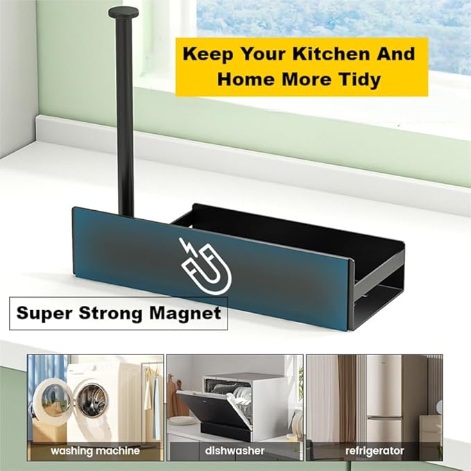Magnetic Spice Rack with Paper Towel Holder, Kitchen Organizer with Shelf for Fridge, Black Spice Shelf Easy to Install The Side of The Refrigerator, Black Spice Shelf
