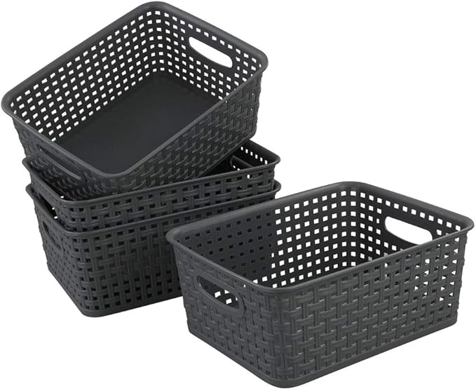 4-Pack Gray Plastic Small Storage Baskets, 10" x 7.7" x 4"