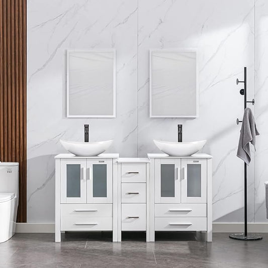 eclife 60" Modern Bathroom Vanity Sink Combo Freestanding Cabinet with Small Side Cabinet, White Boat Ceramic Vessel Sink, Water Save Faucet, Drain (White+T44)
