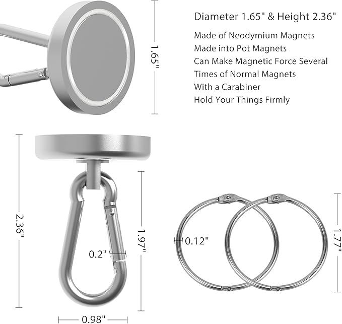 Ant Mag Magnet Hooks Heavy Duty 160LBS Neodymium Magnet with Swivel Carabiner Snap Hook for Indoor/Outdoor Hanging Bag Kitchen Garage Cruise Ship (2 Pack)