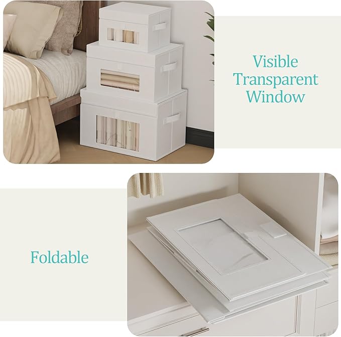 Transparent Window Storage Bin, Cube Organizer Basket with Flip-Top Lid and 2 Handles, Decorative Boxes with Cover, 4 Pack, White, 15 x 9.8 x 9.8 In, XSNY17WL-4