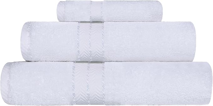 Superior Hotel Turkish Cotton 3 Piece Towel Set, Ultra Plush Spa Quality Heavyweight Essentials for Bathroom, Thick Absorbent and Soft, Dobby Border, Includes 1 Bath 1 Hand 1 Washcloth, White
