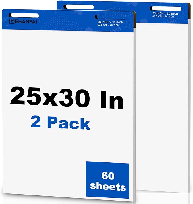 60 Sheets Sticky Easel Pad 25 x 30 Inches, White Self-stick Easel Paper Great for Virtual Teacher and Students, Flip Chart Paper for Office and Classroom, 30 Sheets/Pads, 2 Pads