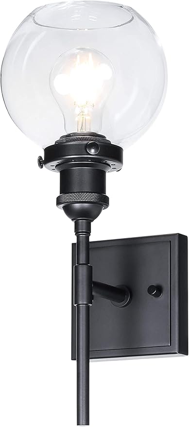 XiNBEi Lighting Black Wall Sconce, 1 Light Vanity Light Fixture with Globe Glass Modern Sconces Wall Lighting for Bathroom Mirror Bedroom Hallway XB-W1275-1-MB