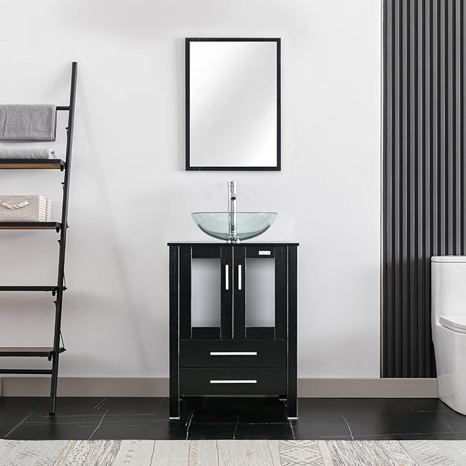 eclife 24" Modern Bathroom Vanity Sink Combo Freestanding Cabinet with Soft Closing Door, Clear Round Glass Vessel Sink, Water Save Faucet, Drain (Black+A16)