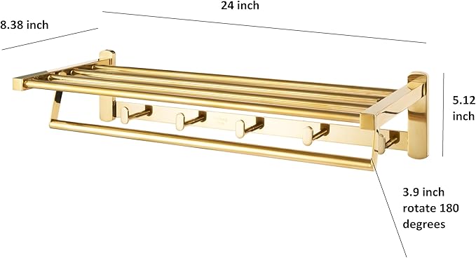 Roshan 6-Pieces Handcrafted and Hand Polished Multi Purpose Towel Rack, SUS304 Stainless Steel Rust Proof and Peel Resistant Towel Shelf, Includes 4 Handmade Hooks (6, Gold)