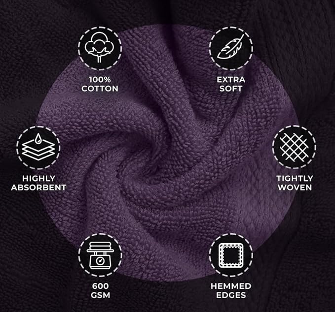 Avalon Towels Luxury 8 Piece Plum Towels Set, 2 Bath Towels, 2 Hand Towels and 4 Washcloths, 600 GSM 100% Ring Spun Cotton Highly Absorbent Plum Bathroom Towels, Ideal for Hotel, Spa and Gym