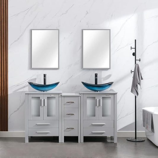 eclife 60" Modern Bathroom Vanity Sink Combo Freestanding Cabinet with Small Side Cabinet, Blue Boat Glass Vessel Sink, Water Save Faucet, Drain (Gray+A29BU)