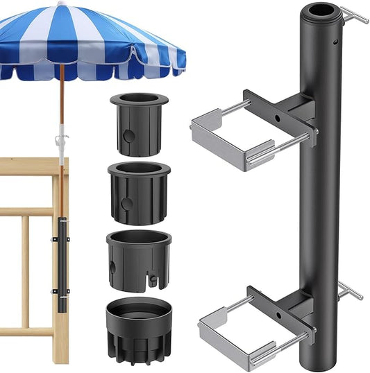 Patio Umbrella Holder for Deck Railing No Drill Deck Umbrella Clamp Mount Fits 1"-2" Umbrella Poles Space Saving Design Umbrella Holder for Deck Balcony Garden Poolside Railing