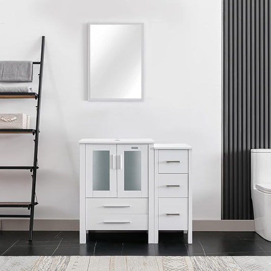 eclife 36" Modern Bathroom Vanity Sink Combo Freestanding Cabinet with Small Side Cabinet, Without Vessel Sink, Faucet, Drain (White Vanity Only)