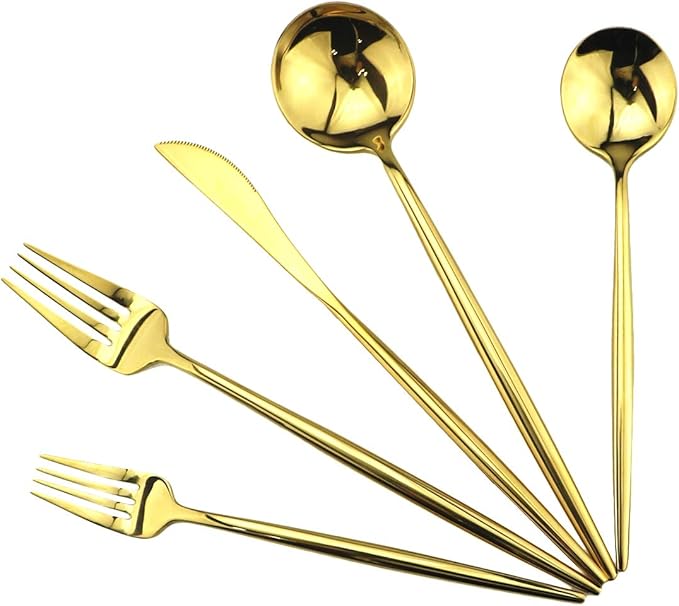 Gugrida Portable Silverware Set - 5-Piece Flatware Cutlery Set - 18/10 Stainless Steel - Mirror Polishing Gold - Travel Elegant Modern Utensils - Service for 1 Include Steak Knife Dinner Fork Spoon