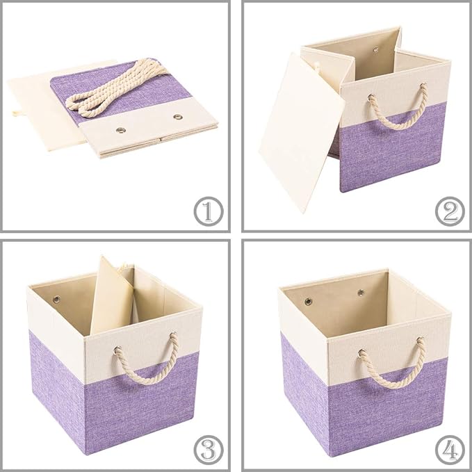 PRANDOM Large Foldable Cube Storage Bins 11x11 inch [4-Pack] Fabric Linen Storage Baskets Cubes Drawer with Cotton Handles Organizer for Shelves Nursery Closet Bedroom Purple