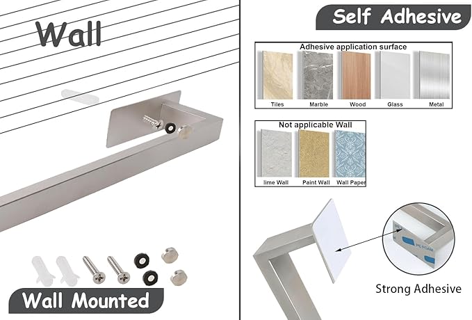 Bathroom Towel Bar Self Adhesive, No Drilling Towel Rack Easy to Install, Hand Towel Holder Made of Premium Stainless Steel Sticky on Hand Towel Hanger for Kitchen, Toilet.(24IN, Brushed)