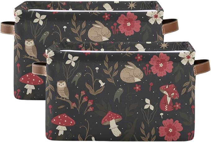 linqin Mushrooms Berries Pattern Rectangle Storage Basket Collapsible Storage Bin for Nursery Books Waterproof Baskets for Closet Shelves Bedroom Decor