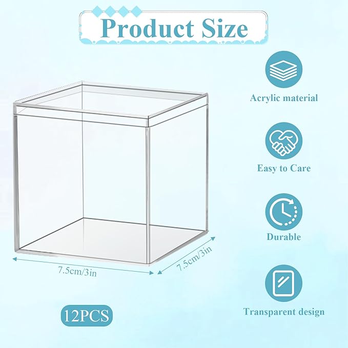 12 Pcs Clear Acrylic Box with Lid, Decorative Plastic Display Box, Acrylic Gift Boxes Mini Acrylics Containers Tiny Square Boxes Clear Storage Containers for Candy Jewelry Cosmetics 3x3x3 Inch