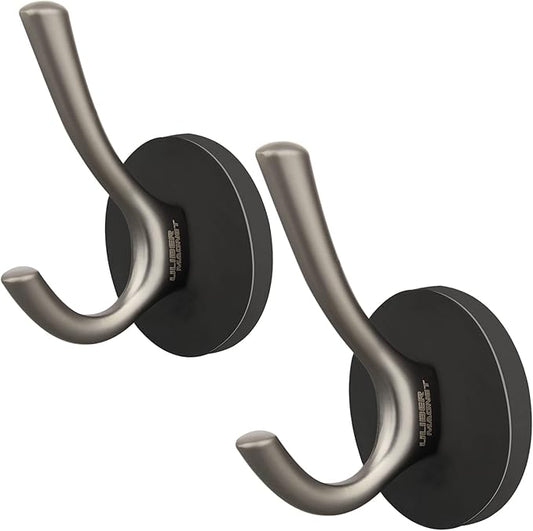 ULIBERMAGNET Strong Magnetic Double Hooks, 2 Pack Heavy Duty Sturdy Coat Magnetic Hangers, Rubber Magnets Large Hooks for Coat Robe Towel Key Hat (Brushed Nickel)
