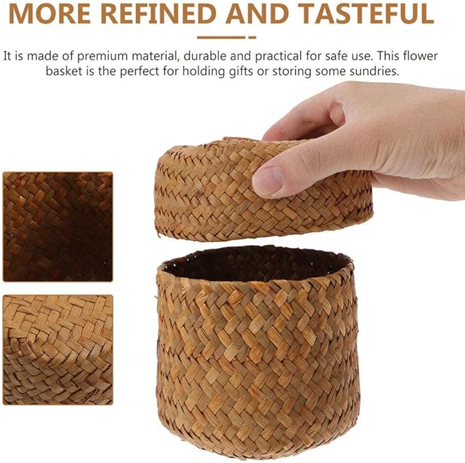 Ciieeo 2Pcs Seagrass Mini Basket with Lid Round Seagrass Storage Basket Handmade Woven Flower Mini Packing Box for Home Shelf Decor Wood Color