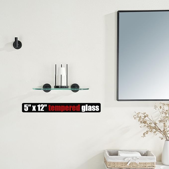 JQK Bathroom Glass Shelf Black, Tempered Glass Shower Storage 12 by 5 inches, 304 Stainless Steel Matte Black Wall Mount, TGS121L12-PB