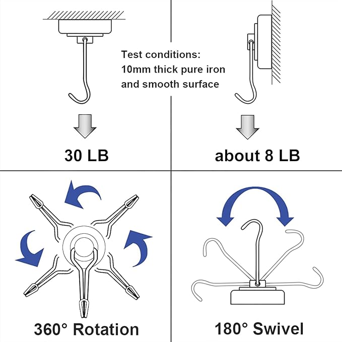 E BAVITE Swivel Swing Magnetic Hooks, 30LBS Powerful Strong Magnetic Hooks Perfect for Refrigerator, Kitchen,Pack of 10 Silver