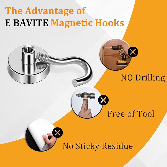E BAVITE Heavy Duty Magnetic Hooks,80 LBS Strong Neodymium Magnet Hook for Home, Kitchen, Workplace, Office and Garage, 25mm(0.98inch) in Diameter - Pack of 8