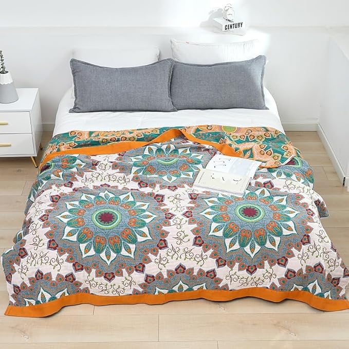 SANACYNA Boho Muslin Throw Blanket 100% Cotton 6-Layer Gauze Geometric and Flower Bed Blanket Lightweight Soft Breathable Blanket for Sofa Bed Coverlet Both Sides (Boho Spiral Flower, 80 x 90 in)