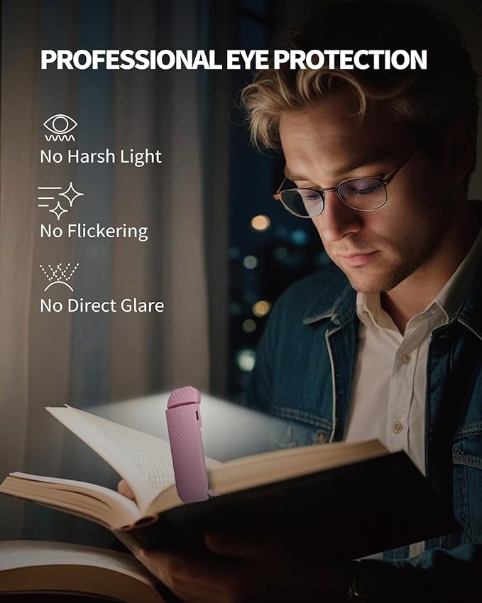 Book Reading Light, Rechargeable Clip on Booklight, Eye Caring 3 Color Temperatures & 5 Brightness Levels, Night Use for Bed, Long Lasting, Reading at Night in Bed, Pink
